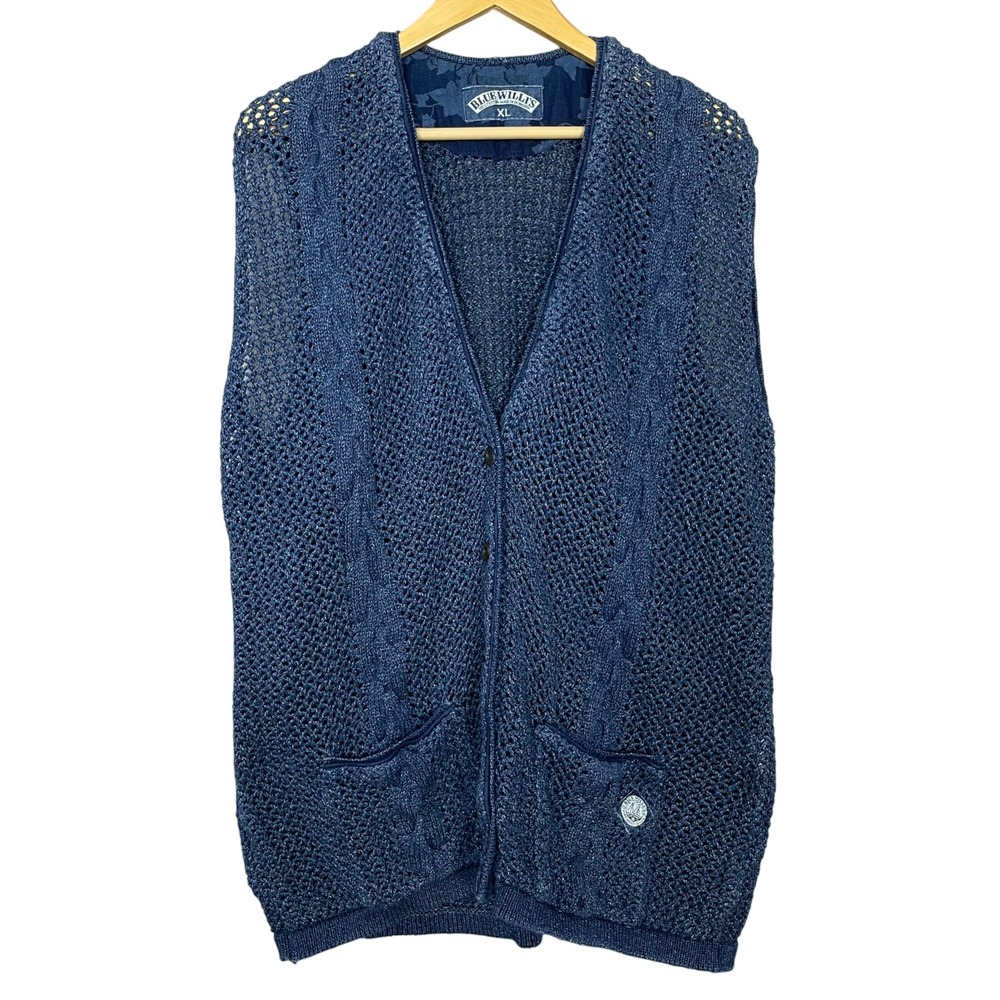 Vintage Blue Willi's Sweater Vest Indigo Dyed Cable Women XL Open Knit Cotton